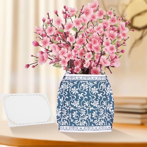 AOOTE Blue and White Porcelain Vase 3D Pop-up Flower Bouquet Greeting Card, Pop Up Birthday Cards, Mothers Day Cards Pop Up with Envelope for Mothers, Girls, Teacher, Mother's Day, Anniversary