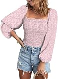 EVALESS Womens Fashion Spring Clothes Puff Sleeve Tops Fashion 2024 Cute Floral Blouses for Party Sexy Square Neck Off The Shoulder Tops for Women Dressy Casual Holiday Outfits Pink Shirts, Small