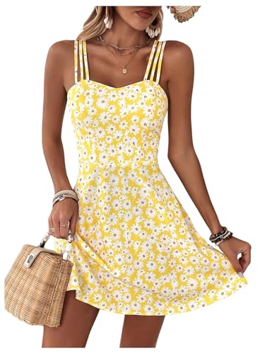 SOLY HUX Women's Floral Print Cami Dress Spaghetti Strap A Line Flowy Summer Mini Dresses Sundress