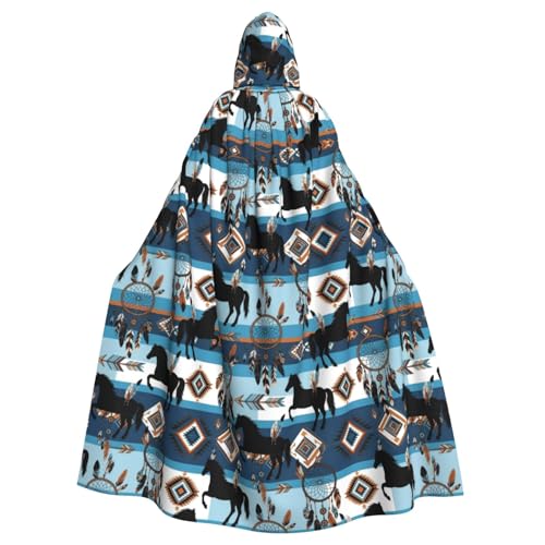 UTRSIFB Christmas Halloween Cloak Hooded Cape Southwest Native American Ethnic Horse Dreamcatcher Art, Full Length Polyester Robe for Adults, Unisex Witch Wizard Cosplay Gothic Attire