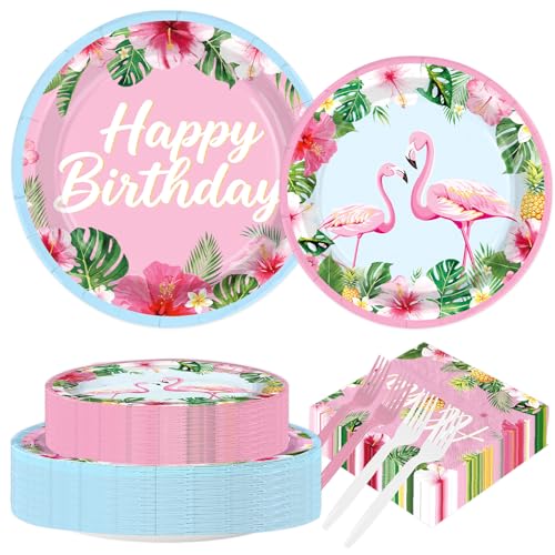 Greencian 200Pcs Summer Flamingo Birthday Party Decorations Serves 50