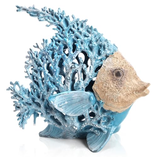 Pumtus Fish Coastal Decor, Resin Coral Reef Angelfish Sculpture, 10.4x9.4