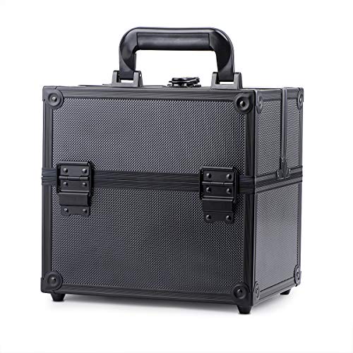 Makeup Train Case Adjustable 4 Trays Professional Cosmetic Cases Portable Makeup Storage Organizer Box with Lock and Compartments, Carrying with Handle 9.8 Inch Black (9.8inch, Black)