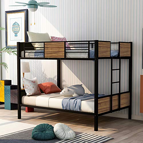 Full Over Full Metal Bunk Bed with Safety Rail, WeYoung Modern Style Full-Over-Full Bunkbed Frame Steel Built-in Ladder for Bedroom