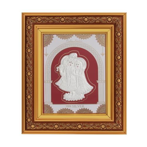Image of 999 Pure Silver Radhakrishna Frame | Divine Home Decor | Wall Mount Square Photo for Gift, Wooden PhotoFrame for Temple & OfficeDecor, SilverGift Items | (10.50 inch x 9 inch Inch)