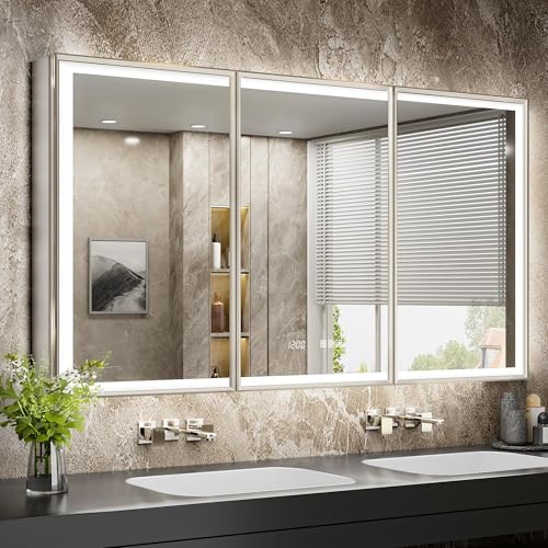 QueenFun 54x30 Lights Medicine Mirror Cabinet, Beveled Brushed Nickel Frame