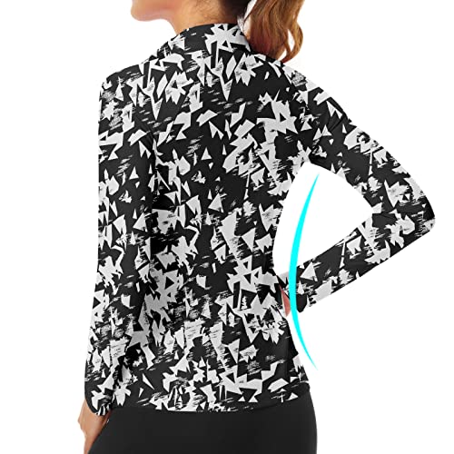 Women's 1/4 Zip Pullover Long Sleeve Athletic Shirt Collared Running Top Quick Dry Tennis T-Shirt(Black Floral,L) #TOP5