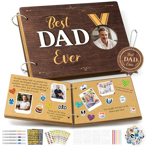 CY2SIDE Best Dad Ever Album Scrapbook - Father’s Day Wooden Scrapbook Craft Kit, DIY Photo Memories Book with 30 Pages Birthday Gift for Father’s Day, DIY Handmade Scrapbook Gift for Dad Grandpa