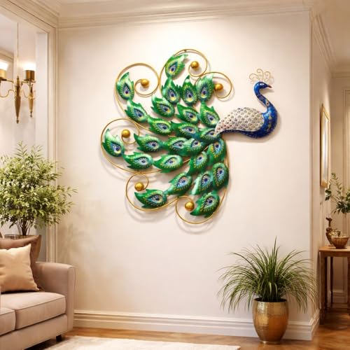 Image of SHREE 'O' GREEN TECH Metal Modern Handcrafted Peacock Leaf Wall Art | Multicolor Big Wall Hanging Decor Frame for Living Room Bedroom Office (Size 30x30 Inch)