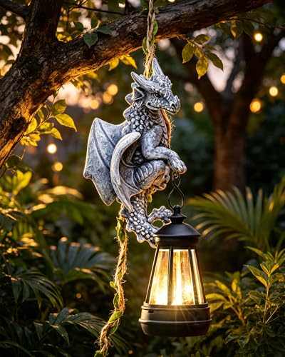 Nacome Dragon Outdoor Statues for Garden: 23.6" Gothic Mythical Guardian Sculpture for with Long Vine and Solar Lantern Enchanted Patio Porch Tree Yard Decor - Whimsical Gift for Mom Children