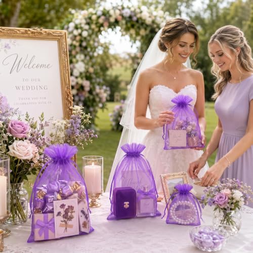 Image of FUNFERY 100PCS Purple Organza Gift Bags 5x7in,Drawstring Pouch for Jewelry