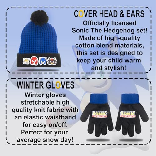 Image of Sonic The Hedgehog Winter Hat and Gloves Set - Blue Sonic Hat for Boys Ages 5-13 - Winter Hat with Scarf and Glove Set