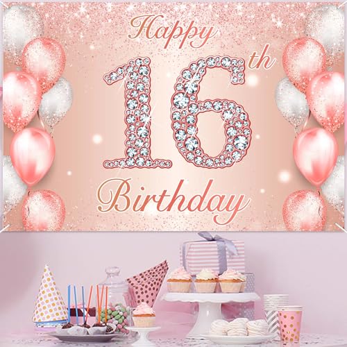 Image of Happy 16th Birthday Rose Gold Banner Cheers to 16 Years Old Backdrop Confetti Balloons Theme Decor for Girls 16 Years Old Pink Birthday Party Decorations Bday Supplies Background Favors Gift Glitter