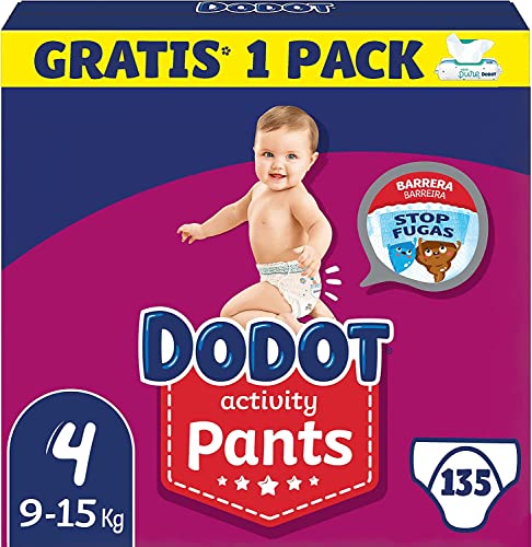 Dodot Pañales Bebé Activity Pants Talla 4 (9-15 kg), 135 Pañales + 1 Pack de 48 Toallitas Gratis Aqua Pure, Pack Mensual