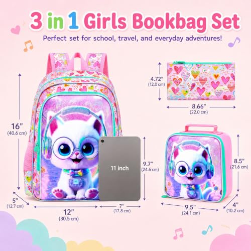 Image of AGSDON 3PCS Backpack for Girls, 16 inch Little Kids Cat Preschool Bookbag, Elementary Backpacks and Lunch Box - Purple