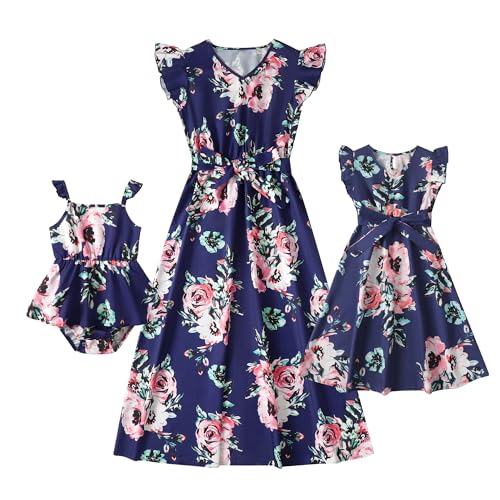 Short-Sleeve Splicing Butterfly and Floral Print Dress for Mommy and Me