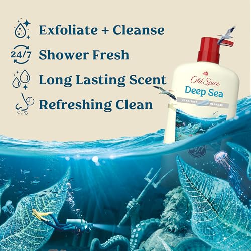 Image of Old Spice Cleansing Body Wash for Men, 24 /7 Shower Fresh with Lasting Scent, Exfoliate & Cleanse, Gentle on Skin, Vitamin B3, Deep Sea with Ocean Waves + Kelp Scent, 30 oz (Pack of 4)