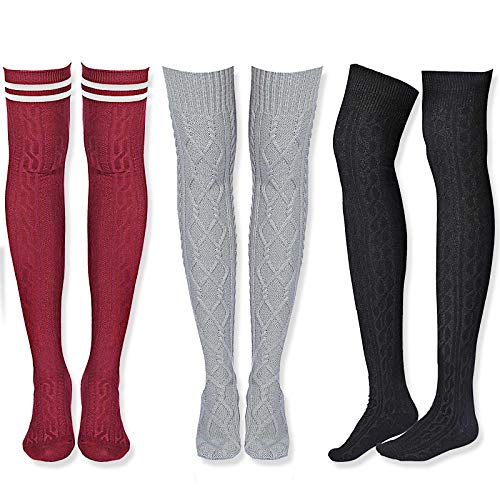 3 Pairs Knit Long Boot Socks Women Cable Knit Thigh High Socks Extra Long Winter Stockings Leg Warmers
