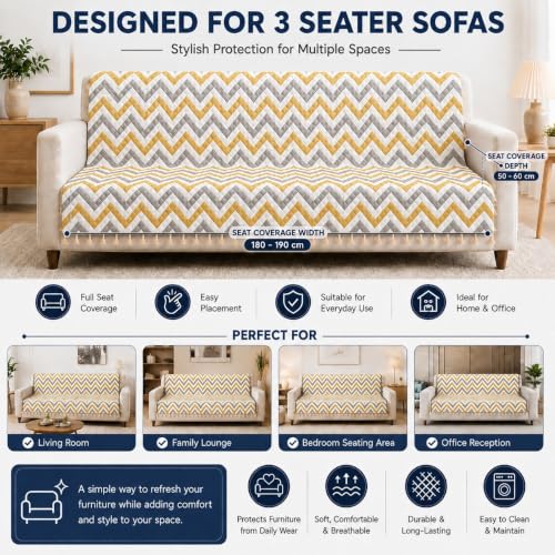 Image of Velvet Quilted Sofa Armrest Covers (Pack of 2) | Yellow Zigzag | Anti-Slip Soft Washable Arm Covers with Tassels | 24 x 27 Inches
