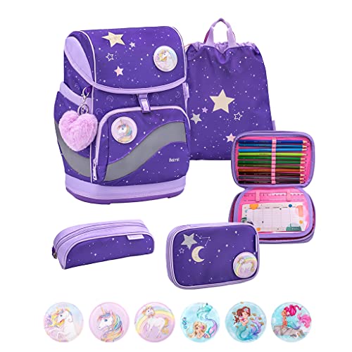 Belmil Premium Smarty Plus ergonomisches Schulranzen Set 5-teilig mit Patch Set 6 Stück, AGR, Brustgurt, Hüftgurt, Magnetverschluss (405-51/P/S Dahlia) Cover
