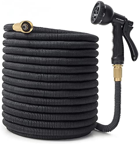 Pretfy Expandable Garden Hose, Water Hose with 8 Function Hose Nozzle, Garden Hose with 3/4 inch Solid Brass Fittings and Double Latex Core(Black) (50ft)