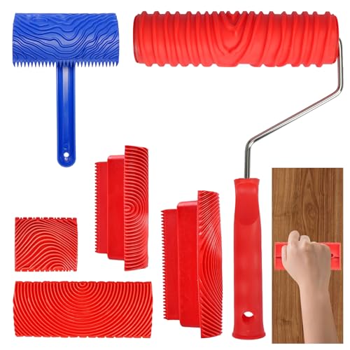 Wood DIY Graining Tool, 6PCS Soft Rubber Wood Grain Tool Set Wood Grain Painting Tool Texture Pattern Paint Tool with Handle DIY Rubber Graining Tool for Wall Room Art Decoration