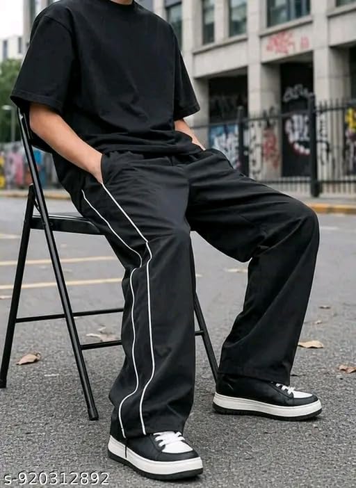 Image of Men's Black Wide Leg Track Pants with White Side Piping, Casual Style