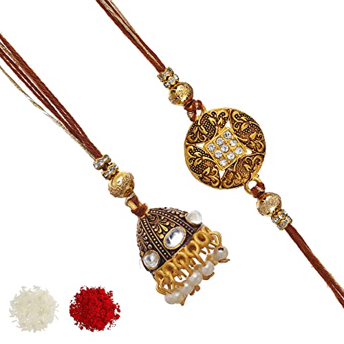 Image of eCraftIndia Designer Bhaiya Bhabhi Rakhis with Roli Chawal Pack and Raksha Bandhan Greeting Card - Rakhi for Brother, Bhaiya, Bhai