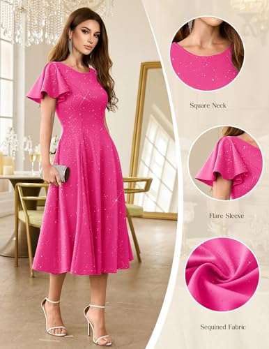 HomRain Plus Size Fuchsia Sequin Dress Formal Wedding Guest Cocktail Evening Gowns Mother of The Bride A-Line Flare Sleeve Dress for Women 2XL — view 4