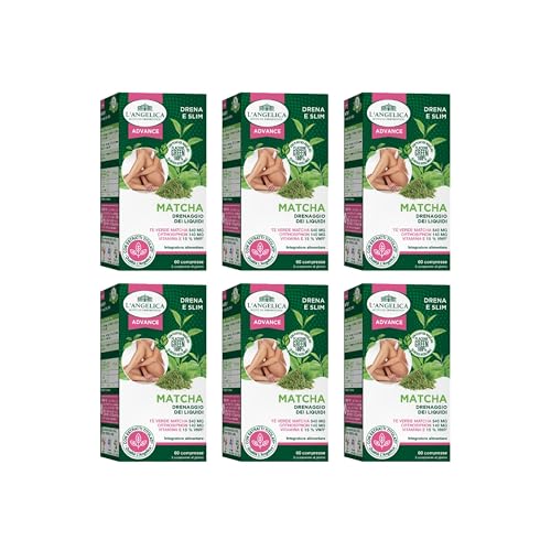 L'Angelica, Matcha Superfood, Integratore Alimentare Per Il Drenaggio Dei Liquidi Corporei, Con Vitamina E, Orthosiphon, 6 Confezioni Da 60 Compresse