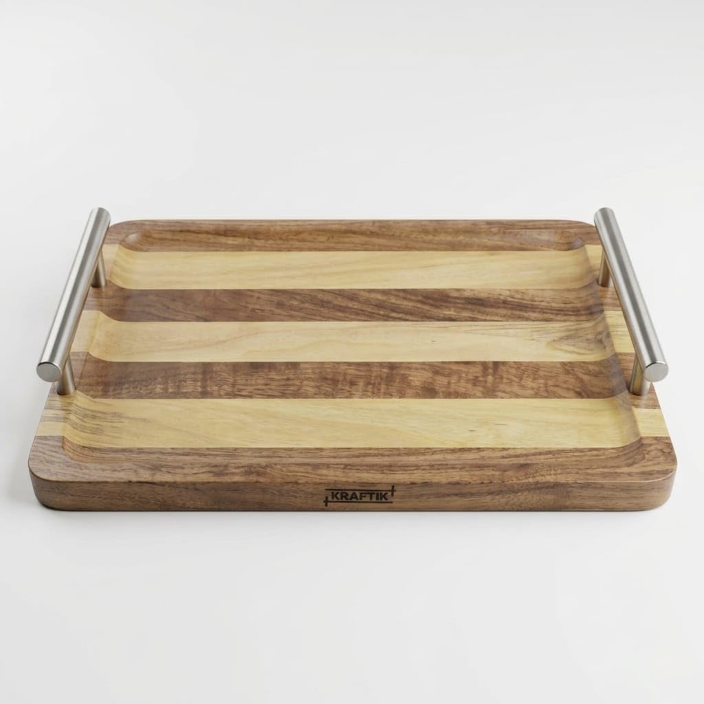 Wooden Tray, Natural Wood, Multipurpose Serving and Storage Tray for Home and Kitchen (Brown & Light Yellow)