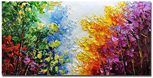 V-inspire Art, 24x48 inch Modern Abstract Oil Painting on Canvas Wall Art 100% Hand Painting Bright-Coloured Tree Art Living Room Bedroom Decoration Ready to Hang