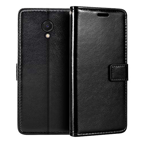 Shantime Lederhülle Kompatibel mit Meizu M6S 2018, Business Design Magnetische Klapphülle, 3 Kartenfächer, Foto & Geheimfach(Schwarz)