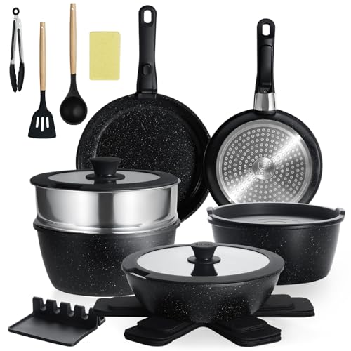BECIGAR 21PCS ceramic cookware set,Nonstick ceramic pan, Removable Handle pots and pans set, Stackable Set, Nonstick Pots and Pans Non Stick(Black)