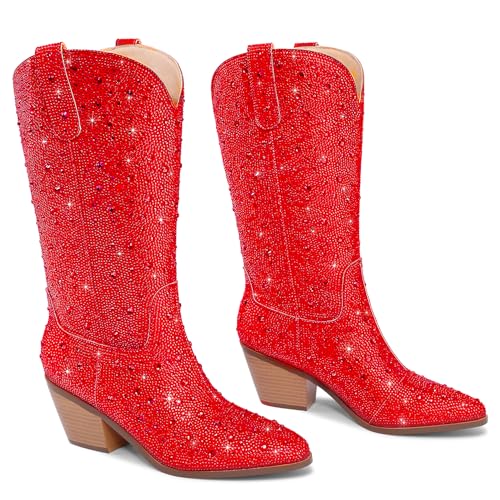 Image of Cowgirl Ankle Boots Cowboy Boots for Women Western Booties Rhinestone Chunky Heel Fashion Comfortable Side Zipper