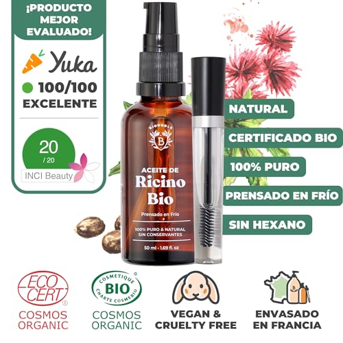 BIONOBLE Aceite de Ricino Organico + Kit de Rímel, Prensado en Frío - Pestañas, Cabello, Cejas - Vegan Castor Oil - Aceite de Ricino 100 Puro y Natural - Botella de Vidrio, Pipeta, Bomba - 50ml - imagen 2