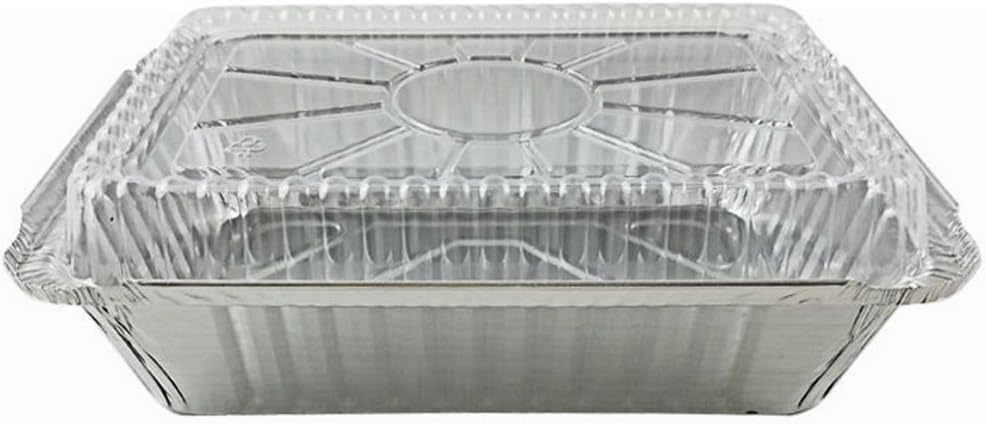 PACTOGO 2 1/4 lb. Oblong Deep Aluminum Foil Take-Out Pan with Clear Plastic Dome Disposable Containers 8.44" x 5.94" x 1.81" (Pack of 50 Sets)