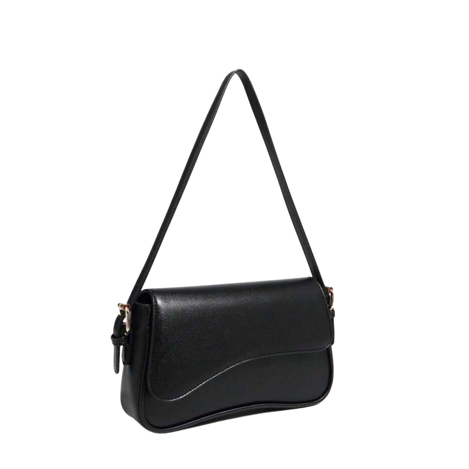 White Patent Leather Shoulder Bag, Flap Closure, Single Strap Baguette Handbag (Black)-image-38