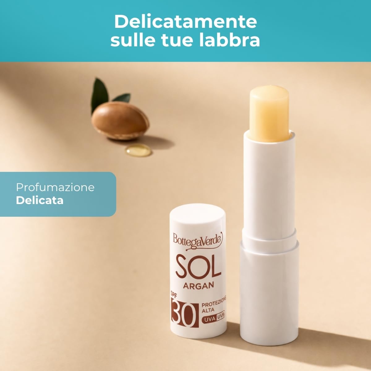 Bottega Verde - Sol Argan, Stick Labbra Solare, 5,5 ml, SPF 30, Arricchito con Olio di Argan e Vitamina C, Nutre e Protegge, con Filtri Solari, Senza Siliconi, Profumo Delicato, Resistente all'Acqua