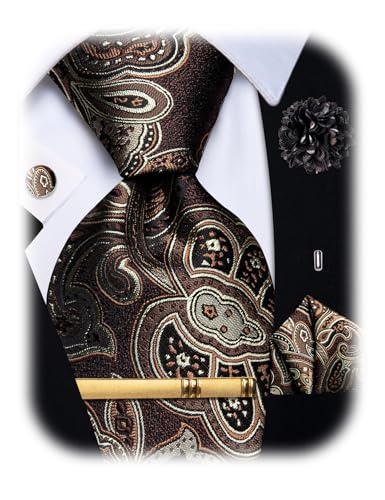 Image of YourTies Silk Paisley Floral Tie and Pocket Square Cufflinks with Lapel Pin Sets for Men 5PC Wedding Party