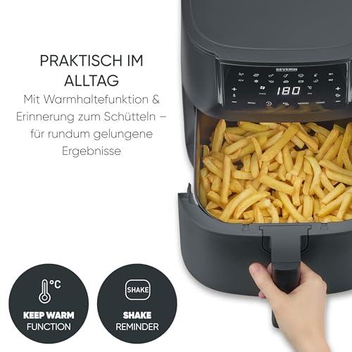 Severin Heißluftfritteuse Single XXL, 7L, 11 Automatik-Programme, Touch-Display, vielseitige Zubereitung, Memory-Funktion, Warmhaltefunktion, Antihaftbeschichtung, 1700W, schwarz, FryLight, FR 2462 5