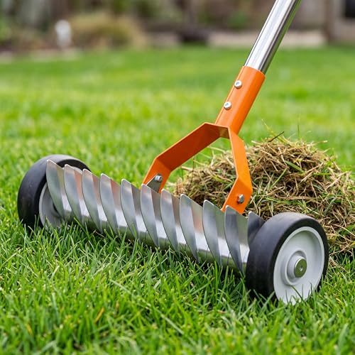 Thatch Rake for Lawn Dethatcher 15 Inch Heavy Duty Metal Rake with Wheels,Adjustable Long Handle...