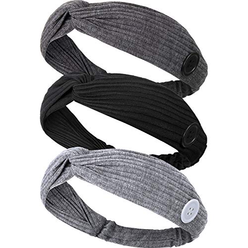 3 Pieces Button Headbands for Face Covering Knotted Turban Elastic Hair Bands Boho Stretchy Crossed Headwrap for Women Girls, 3 Colors (Black, Dark Grey, Light Grey)