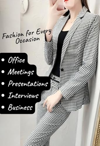 Image of Women's 3-Piece Cotton Blend Blazer Pant Set | Black & White Checkered Co-Ord Suit with Crop Camisole | Formal Office Wear, Business Casual, Interview, Corporate
