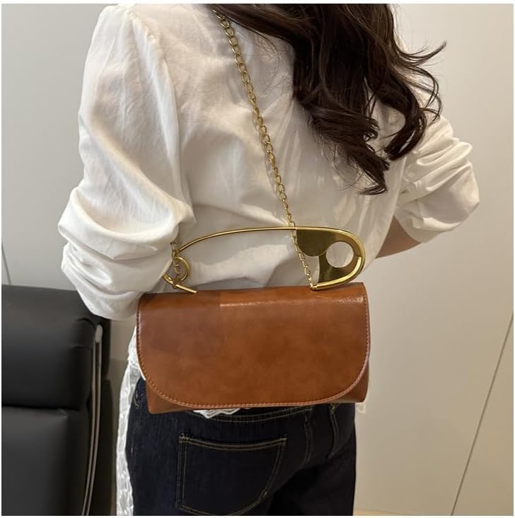 Women's Unique Safety Pin Crossbody Purse Leather Clutch Bag With Gold Handles Chain - Image 6