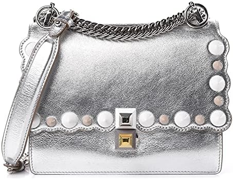 FENDI Kan I Metallic Silver Calfskin Leather Scalloped Studded Sh...