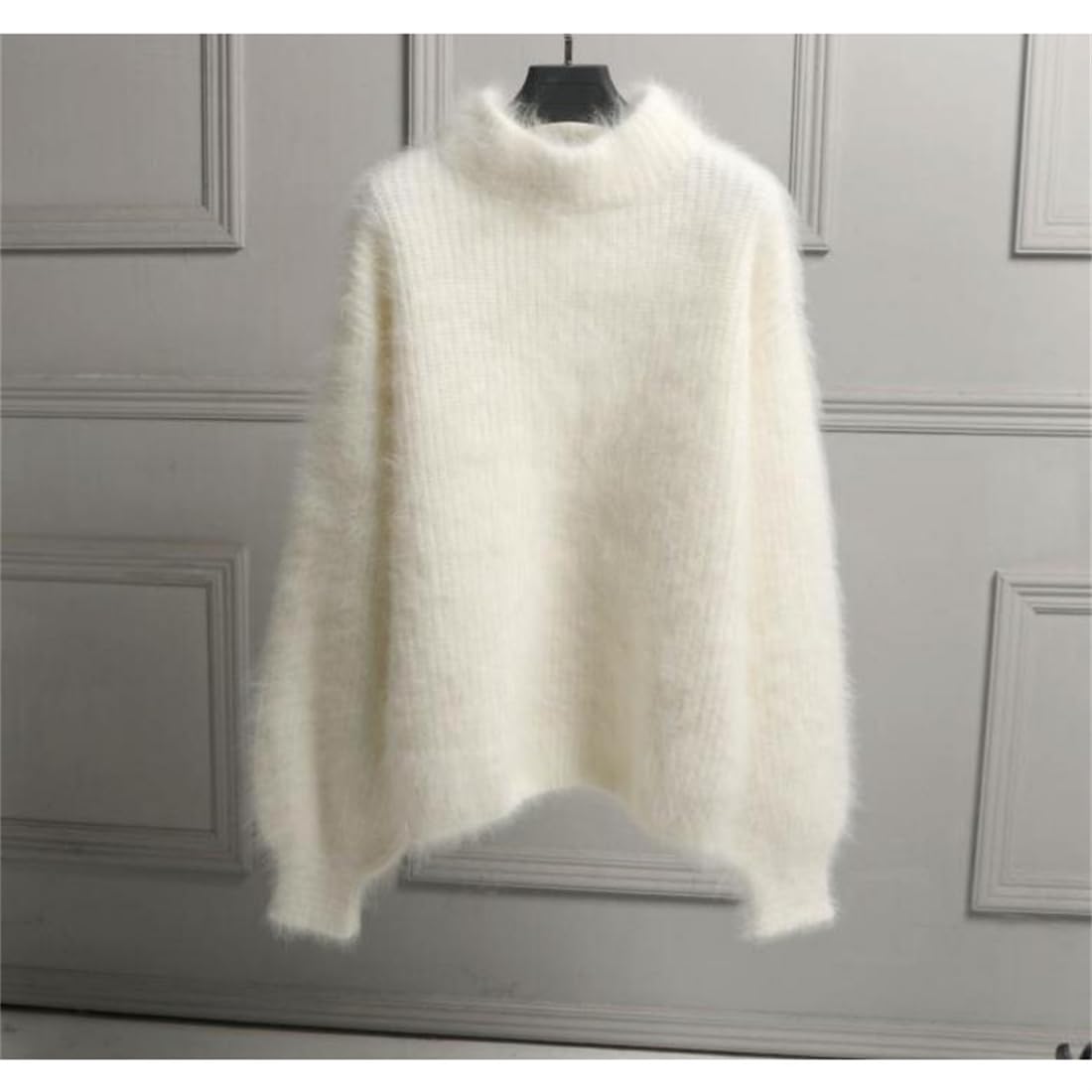 Suéter cálido y suelto de mezcla de cachemira Angora para mujer, suéter de punto de cuello redondo de color sólido