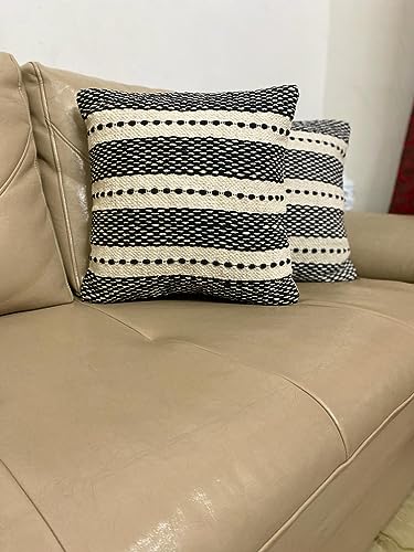 Image of TIB Premium Boho Decorative Throw Cushion Covers, 16 x 16 cm, Set of 2, Cotton. (Black Lines)-230 TC