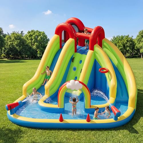 SunSwell Inflatable Water Slide for Kids Backyard with 450W Blower, Jumping Castle with Water Slide, Water Park Bounce House for Indoor and Outdoor Activities