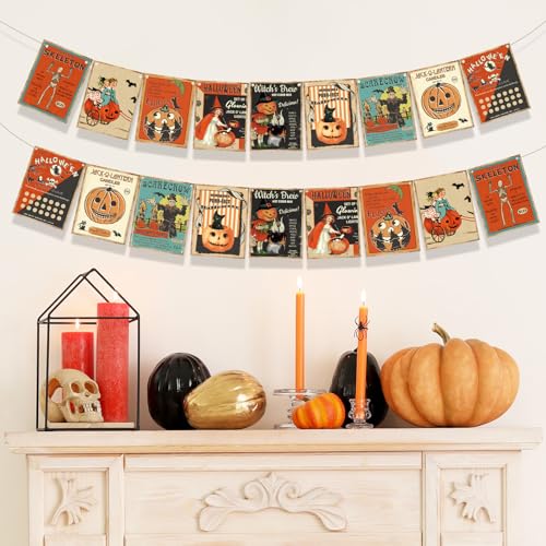 Whaline 18Pcs Halloween Paper Banner Vintage Pumpkin Skeleton Wit...